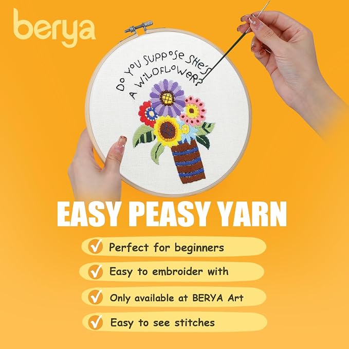 BERYA Flowers Embroidery Kit Including Video Step by Step Instructions,Embroidery Hoop,Color Threads and Embroidery Scissors for Beginners-Handmade Needlepoint Kits for Adults
