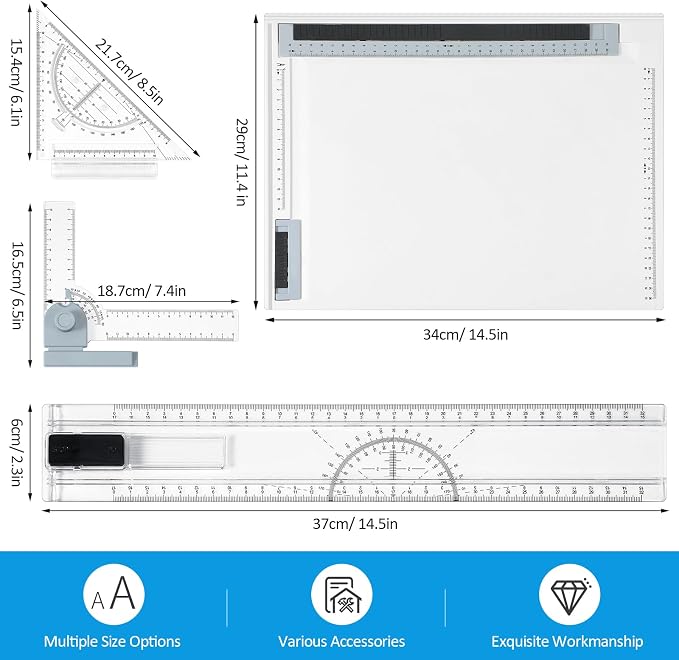 Zonon A4 Portable Drawing Board, Multi-Function Metric Drafting Table Drafting Board with Clear Rule Parallel Motion and Angle Adjustable Measuring System