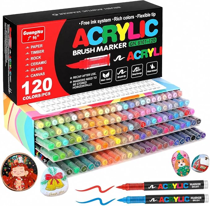 Amamao 120 Colors Soft Brush Tip Acrylic Paint Markers for Wood Rock Canvas