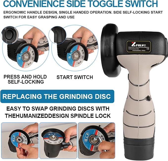 ZFULVO Cordless Brush Angle Grinder Kit, 19500rpm Mini Electric Angle Grinding Tool with 2pcs 16.8V 2000mAh Batteries and 6-Cutting Discs, Grinder Handheld Cutter for Metal Wood