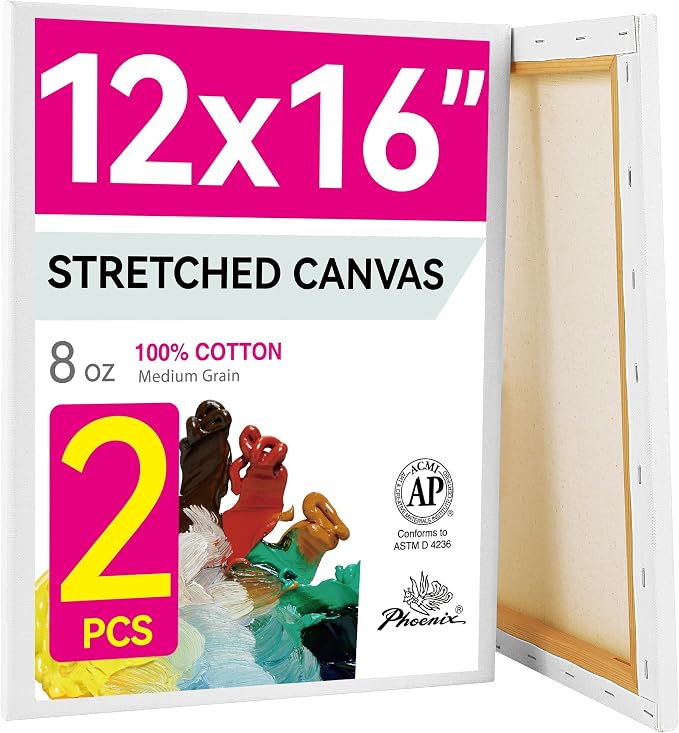 PHOENIX 12x16 Inch Pack of 2 Canvas - Stretched Canvases for Painting, 8 Oz Triple Primed 5/8 Inch Profile 100% Cotton White Blank Framed Canvas for Oil Acrylic & Pouring Art