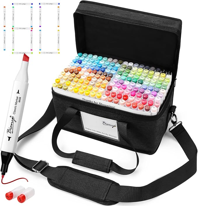 Bianyo 180 Colors Alcohol Markers Set, Dual Tip Fine & Chisel Markers for Adult Coloring, Drawing & Sketching, Popular Color Collection with Black Canvas Bag – High-Value Set for Artists