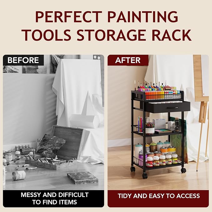 Homsorout 3 Tier Rolling Cart - Metal Utility Cart with Storage Drawer and Wheels, Versatile Art & Craft Organizer for Home, Office, or Studio Ideal for Storing Brushes, Paints, and Supplies Black