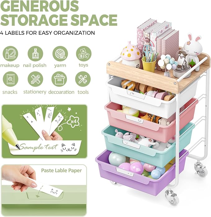 SYKIARIOL Rolling Utility Storage Cart,4 Labeled Ice Cream Colored Drawers | Art Craft Sewing Study Organizer Cart with Wooden Tabletop,for Crafters,Artists,Sewing enthusiast,Kids,Teachers,Students