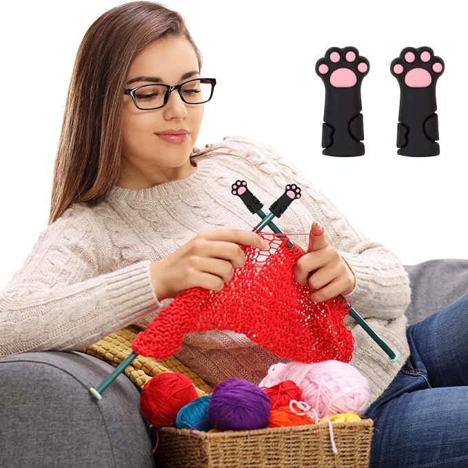 10pcs Cat Paw Knitting Needle Stoppers, Silicone Knitting Needle Point Protectors Cute Knitting Needle Tips Stoppers Stitch Stoppers for Larger Size Knitting Needle (5 Colors)