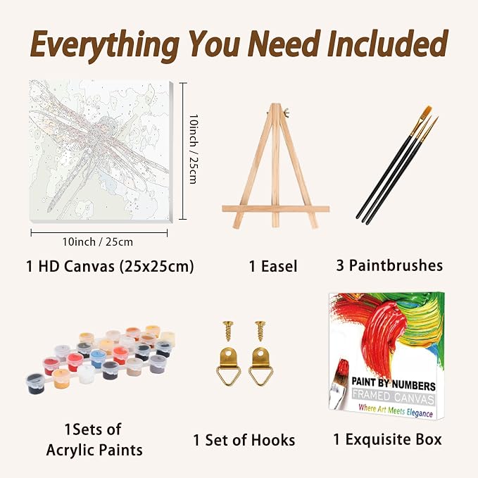 AUKELHJ Framed Paint by Numbers Kit for Adults, Dragonfly, 10x10 inch