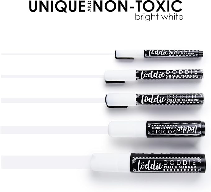 Loddie Doddie Chalk Markers, 1-15mm Tips, Windows & Glass, White, 5 Pack | 1-15mm Tips for Fine Detail & Bold Strokes, Works on Blackboard, Mirror & Whiteboard, White Chalk Pen, Wipes Clean with Water
