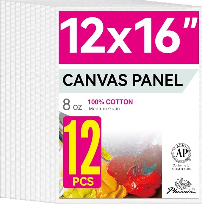 PHOENIX Painting Canvas Panels 12x16 Inch, 12 Value Pack - 8 Oz Triple Primed 100% Cotton Acid Free Canvas Boards for Painting, White Blank Flat Canvas Boards for Acrylic, Oil Paints