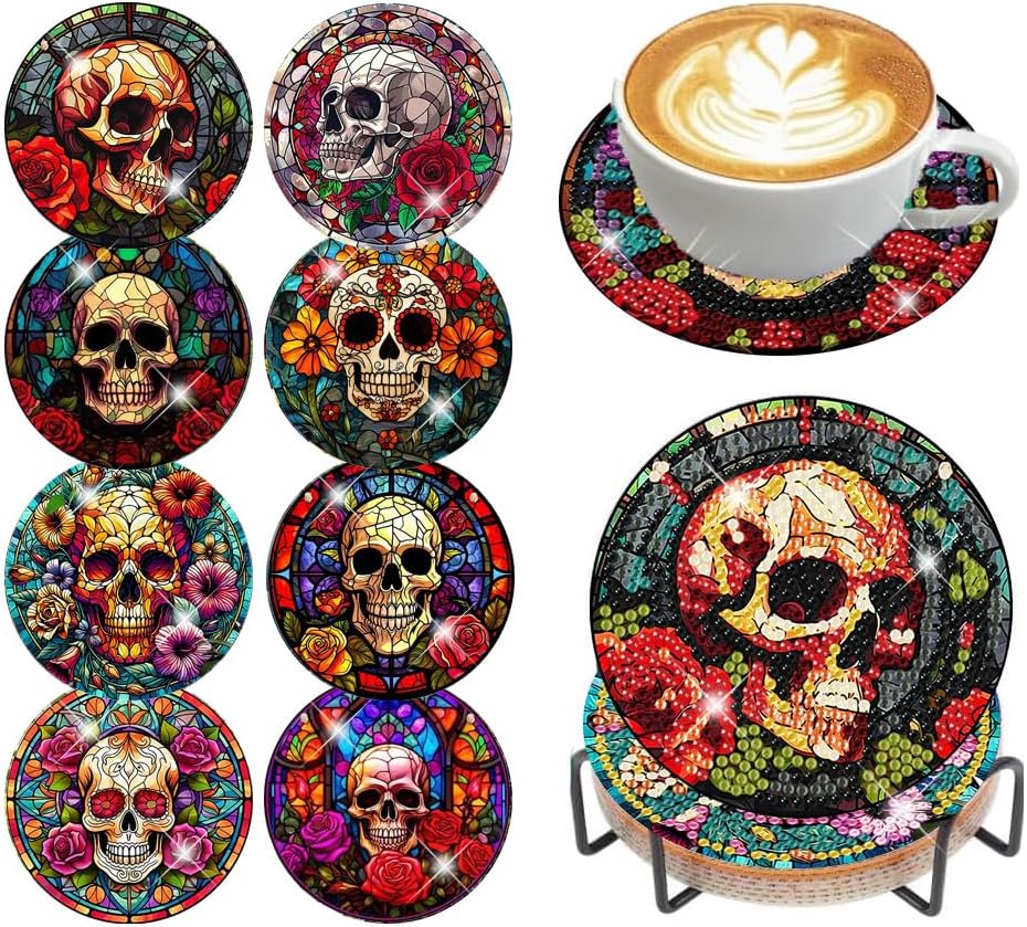 Diamond Art Coasters Kit, 8 Pieces Skull Diamond Painting Coasters Kit