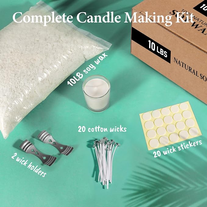 SAEUYVB 10 lbs Soy Candle Wax for Candle Making,Natural Soy Wax Flakes | Soy Wax for Candle Making with 20 Candle Wicks,20 Wick Stickers and 2 Centering Devices,DIY Candle Making Supplies