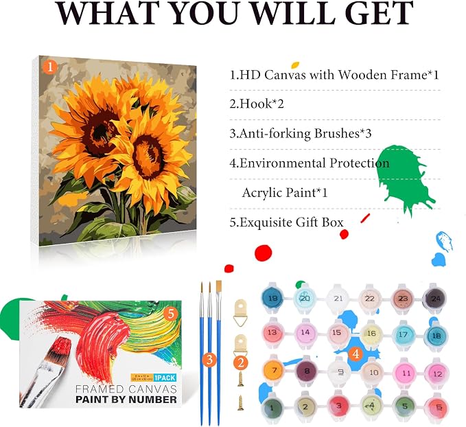 Fountor Framed Paint by Numbers Kit for Adults Beginner & Kids Ages 8-12, Sunflower Paint by Number with Frame, Easy Acrylic Watercolor Sunflower Painting by Numbers Kit on Canvas 10x10 inch