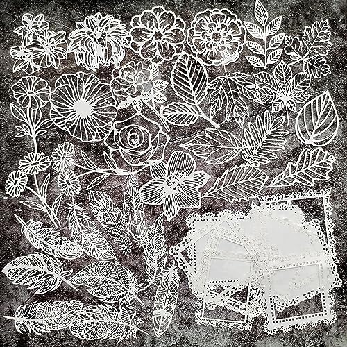 40pcs Lace Scrapbooking Supplies Cutout Scrapbook Paper Flower Leaves Feather Frame White Vintage Journaling Supplies Decorative Paper for Junk Jounal Planner Handmade Card Gift Wraps Craft
