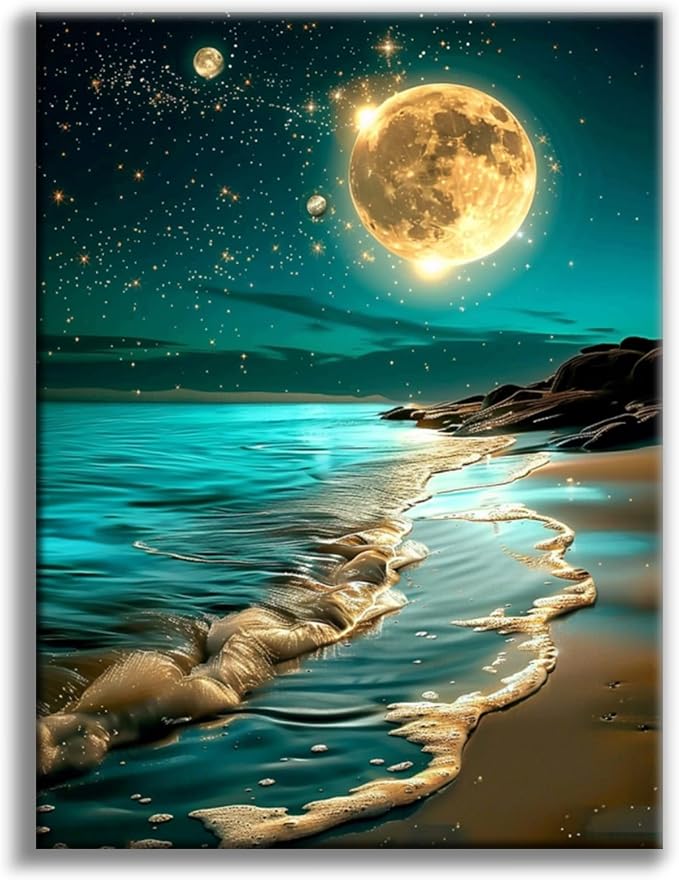 Diamond Art Kits for Adults, Beach DIY 5D Diamond Painting for Beginners | 12x16 Inch, Full Drill Round Dots, Seaside Moon Gem Art Craft Kits, Home Wall Decor, Stress Relief Relaxing Hobby Gift