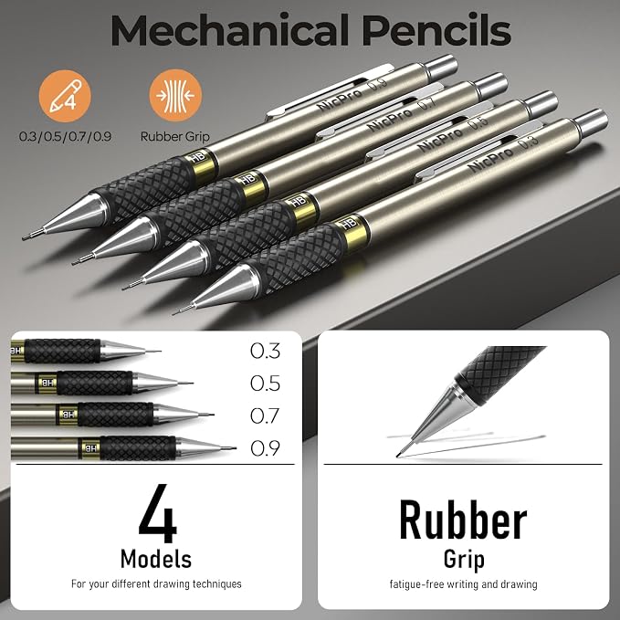 Nicpro 37PCS Gold Art Mechanical Pencil Set, 0.3/0.5/0.7/0.9/2mm Point | 360 Lead Refills(6B 4B 2B HB 2H 4H) 4 Erasers+18 Eraser Refills, Full Metal, School Supplies for Sketching Drawing Drafting