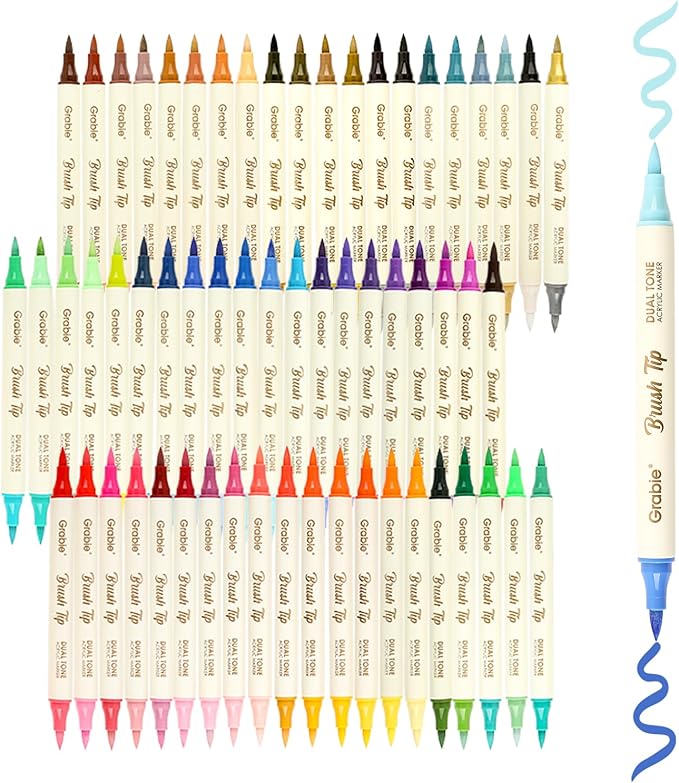 Grabie 120 Color Acrylic Paint Markers, Pack of 60 Dual Tip Brush Pens | 120 Colors in 60 Markers,Dual Tip Soft Brush Design,Water-Based Acrylic Ink For Paper, Rock, Wood, Canvas, Glass & Fabric