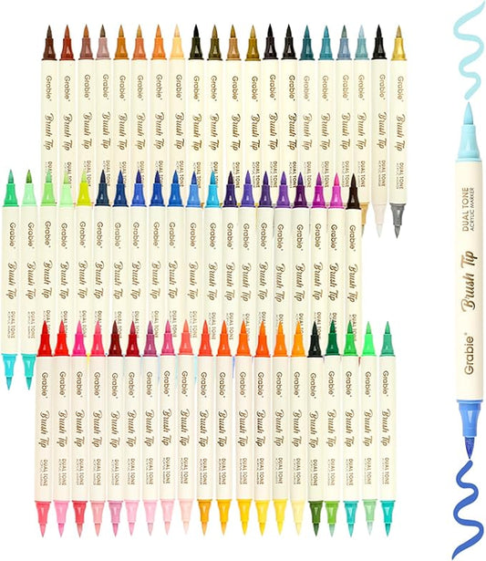 Grabie 120 Color Acrylic Paint Markers, Pack of 60 Dual Tip Brush Pens | 120 Colors in 60 Markers,Dual Tip Soft Brush Design,Water-Based Acrylic Ink For Paper, Rock, Wood, Canvas, Glass & Fabric