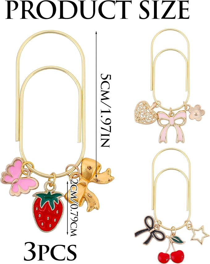 Cute Metal Bookmark Gifts - 3 PCs Charm Cherry Strawberry Bow Paperclip Book Mark Unique Large Aesthetic Page Marker Planner Paper Clip Reading Lover Women Kids Bookish School Accessories