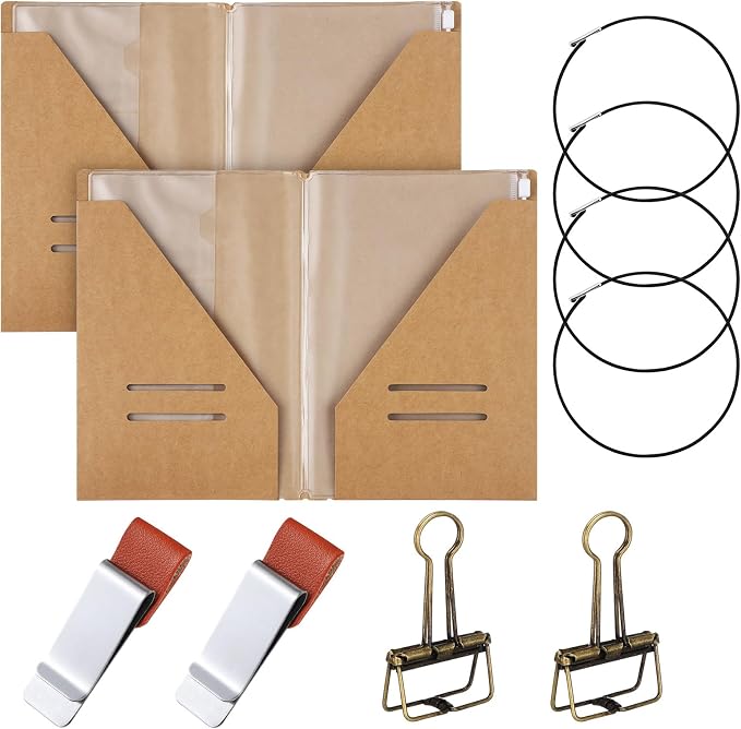 Mooliwe 2 Pack Travelers Journal Notebook Accessories Kit, A5 Size | Kraft File Folder, Zipper Case, Pen Holder, Binder Clip and Elastic Bands, Refillable Insert Organizer for Travel Journals