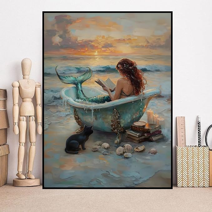 Mermaid bathtub Paint by Numbers Kit for Adults Beginner (Without Frame) | Beach shells Paint by Number Kits on Canvas DIY Acrylic Oil Easy Painting by Numbers for Home Wall Decor Gift12X16 in
