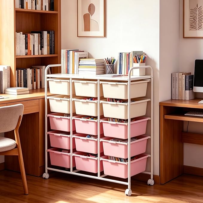 15-Drawer Rolling Storage Cart with Wheels, 2-Color Plastic Drawer Cart | Mobile Organizer Cart, Utility Storage Trolley for Office, Living Room, Craft Room, Bathroom, and Home Organization
