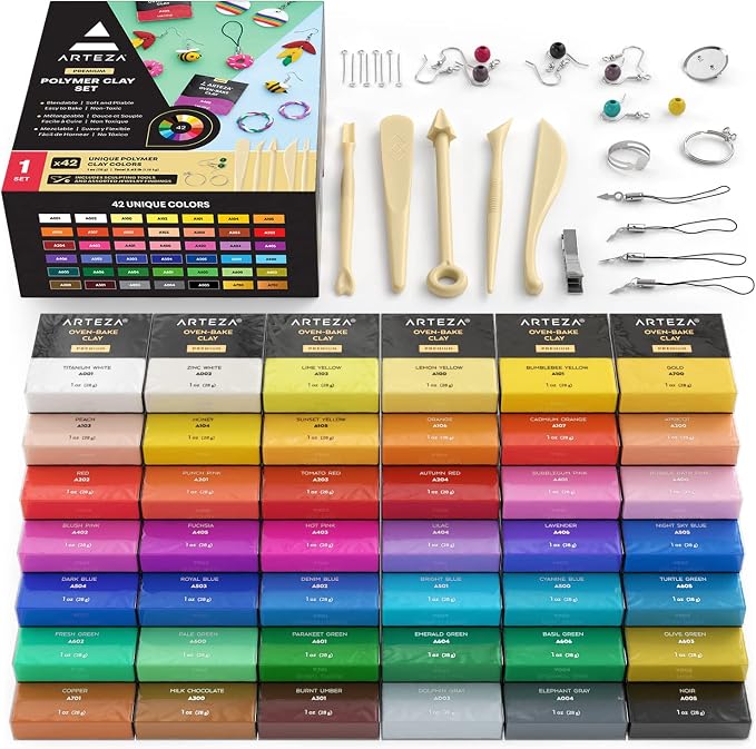 ARTEZA Polymer Clay Kit, 42 Colors with 5 Tools & Jewelry Findings, Oven-Bake Modeling Clay for Earrings, Charms, Miniatures, Jewelry & DIY Crafts