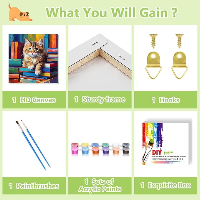 ajepon Cat Paint by Numbers Kit for Kids with Frame - Cute Cat Paint by Number for Kids, Cats Kid Painting by Number Kits Age 6-8 for Home Wall Decor 8X8inch (with Wooden Easel)