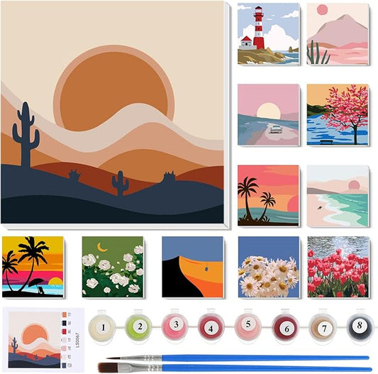 Nezyo 12 Sets Paint by Numbers Kit with Frame for Adults, Acrylic 8x8 Inch | DIY Canvas Ideal for Beginners, Great for Parties and Classroom Activities, Includes Brushes and Paints, Birthday Gift