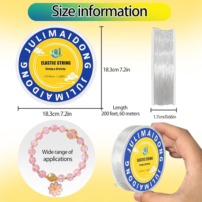 0.8mm Elastic Bracelet String Cord, Crystal Stretch Bead Cord for Bracelets Jewelry Making, Clear Stretchy Elastic String for Beading, Transparent Thread (3 Roll(0.8MM+1MM)/530ft)