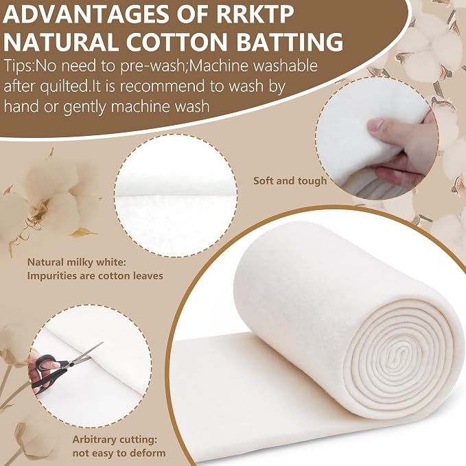 RRKTP Natural Cotton Batting for Quilting,36" x 5 Yards Batting for Quilts, Microwave Safe for Bowl Cozies,Cotton Lightweight Lining for Potholders Quilting, Batting for Sewing Handmade Quilts&DIY