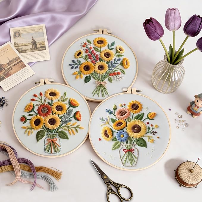 Uniartfy 3 Sets Sunflower Embroidery Kits for Beginners, Needlepoint Kits for Adults, Cross Stitch Kit with Cloth, Hoop, Threads and Instruction, Easy to Learn Embroidery Starter Kit for Craft Lover
