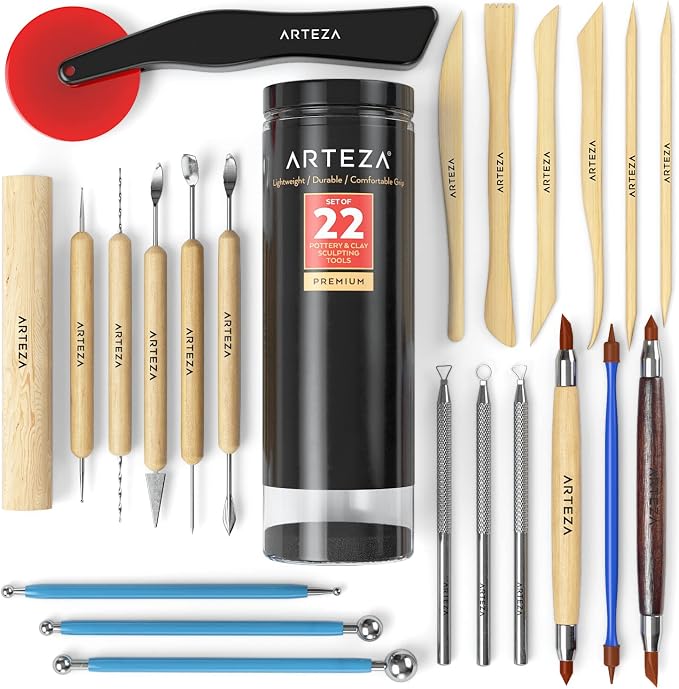 ARTEZA Pottery and Sculpting Tools, 22-Piece Set for Modeling and Carving | Steel and Silicone Ends, Wooden Handles, Wheel Cutter, Rolling Pin, Stylus and Ribbon Tools, For Wet Clay and Ceramics