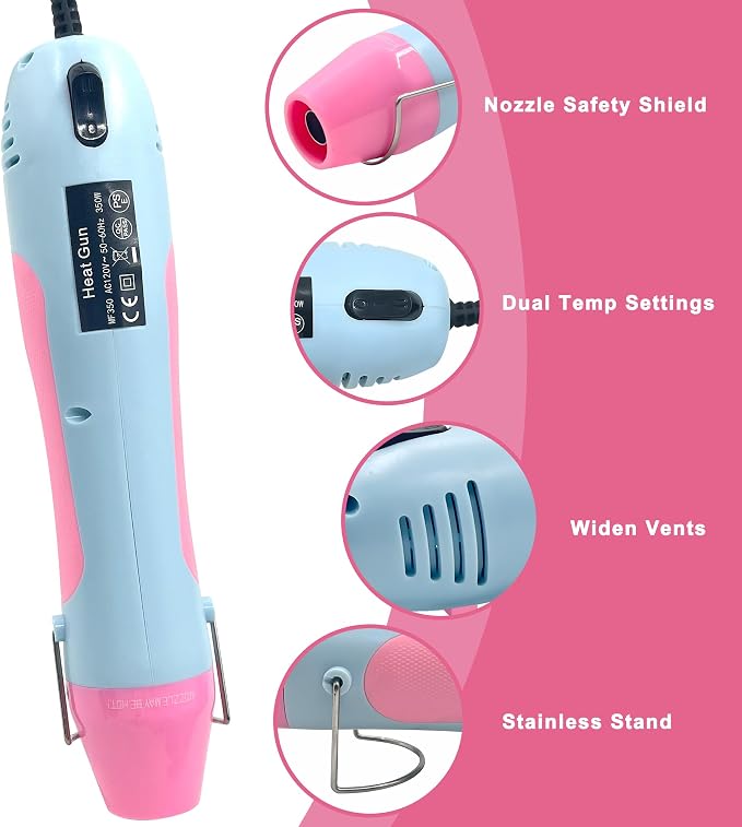 Heat Gun, 350W Mini Heat Gun with Reflector Nozzle Dual Temperature Settings Fast Heat Hot Air Gun Tool for Crafting, Heat Gun for Craft Dryer, 6.56Ft Overload Protection for Drying Paint