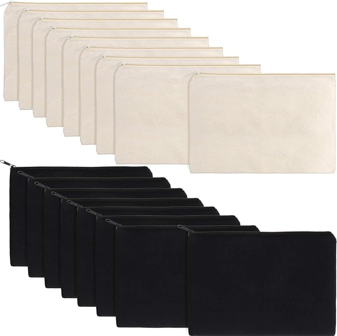 meekoo 16 Pcs Blank Canvas Zipper Pouch Makeup Bag,M;Beige and Black