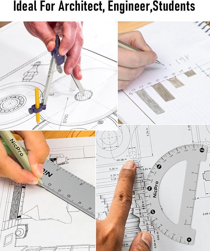 Nicpro 20PCS Professional Geometry Set Drafting Tool Protractor Compass | With Case, Metal Rulers, Triangles, Pens, Pencils, Drawing Supplies, Drafting Kit for Architecture and Engineering Students