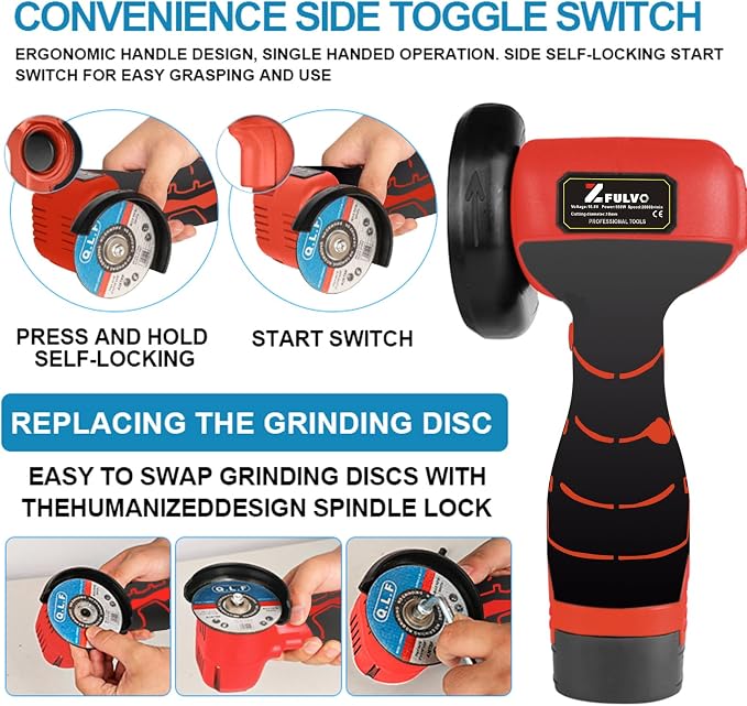 ZFULVO Cordless Angle Grinder Kit 19500RPM Mini Electric Metal Grinding | 2pcs 16.8V 2000mAh Battery with 6-Cutting Disc, 3inch Mini Angle Power Tool, Grinder Handheld Cutter for Metal Wood Grinding