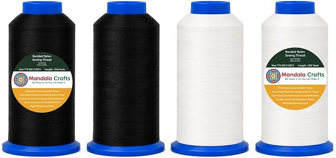 Mandala Crafts Size 69 210D T70 Black Off White Bonded Nylon Thread 6000YDs