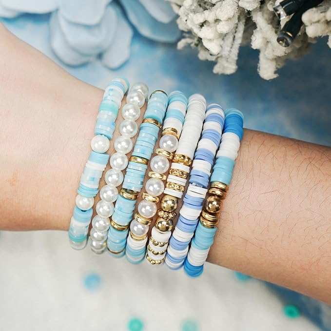 Gionlion Clay Beads for Bracelets, Blue Winter Clay Beads Bracelet Making kit with Golden Pearl Beads for Jewelry Making, Charms Bracelet Kit and Crafts DIY Gifts for Women