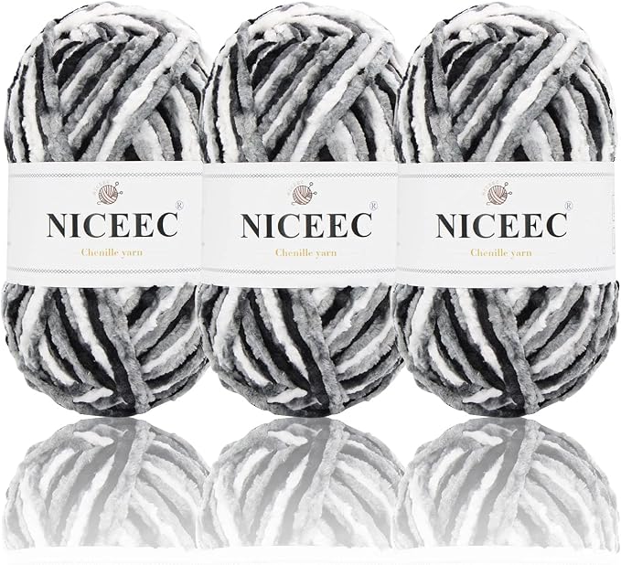 NICEEC 3 Skeins Soft Chenille Yarn 3x85m(3x93yds,3x50g)_Black White Gray