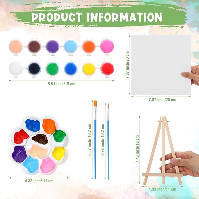 Qilery 12 Set Canvas Painting Kit, Mini Canvas with Wooden Easels Acrylic Paints Strips, Brushes, Palette, Art Set for Acrylic Oil Watercolor Adults Birthday Party Favors(8 x 8 Inch)