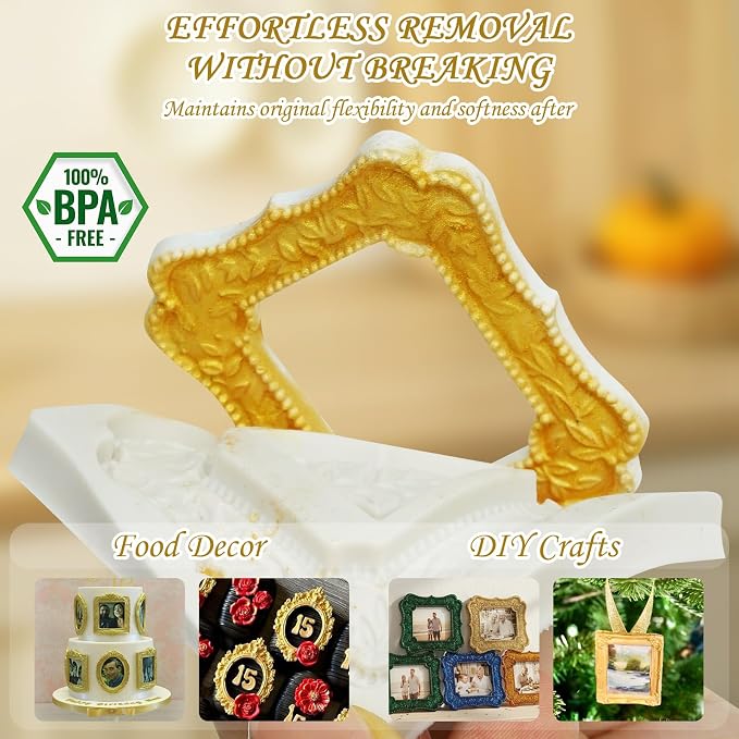 HKNMTT Picture Frame Molds Silicone Baroque Vintage for Fondant Candy Clay Covered Oreo Cake Photo Decorating Cupcake Toppers, 4 Shaped Round Square Frame Moulds Craft DIY Supplies Set