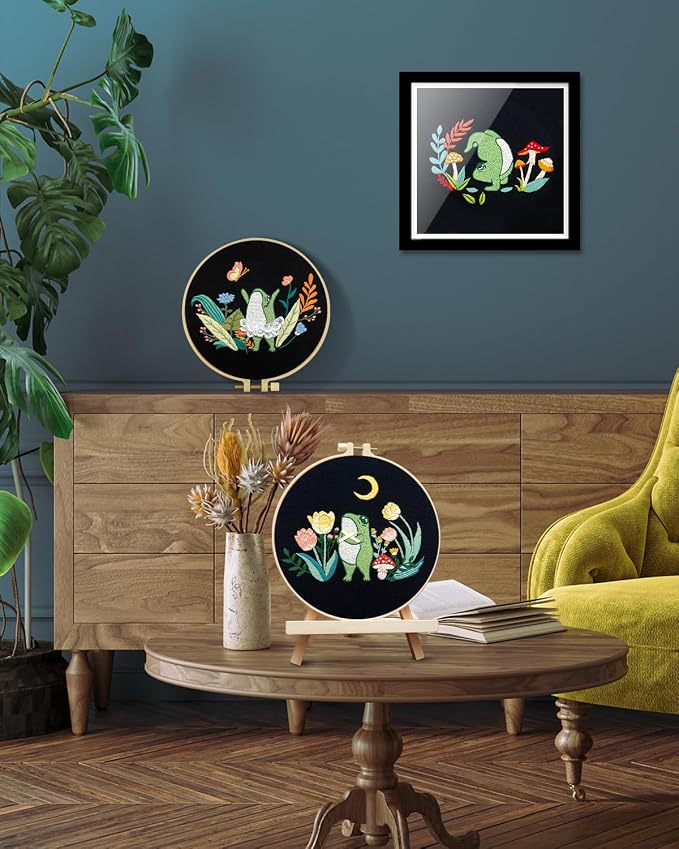 TINDTOP 3 Sets Embroidery Kit for Adults, Frog Embroidery Practice Kit | for Beginners Include Embroidery Cloth Hoops Threads for Craft Lover Hand Stitch with Embroidery Skill Techniques