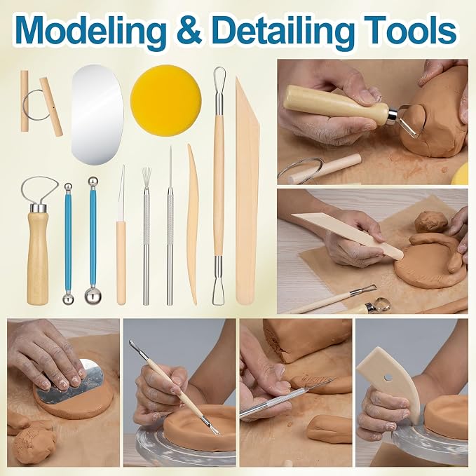 Amrules 12 Pcs Polymer Clay Sculpting Tools Kit for Adults, Light Yellow | Smooth Comfortable Handles, Sturdy Wood & Stainless Steel, Perfect for Beginners, Pottery Lovers & Diy Craft