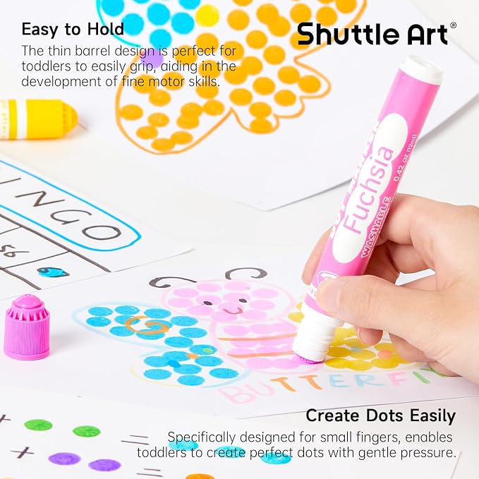 Shuttle Art Dot Markers, 60 Pack 12 Colors Washable Dot Markers with 135 Activity Sheets, 5 Activity Books, Fun Art Supplies for Kids Toddlers and Preschoolers, Non Toxic Water-Based Paint Daubers