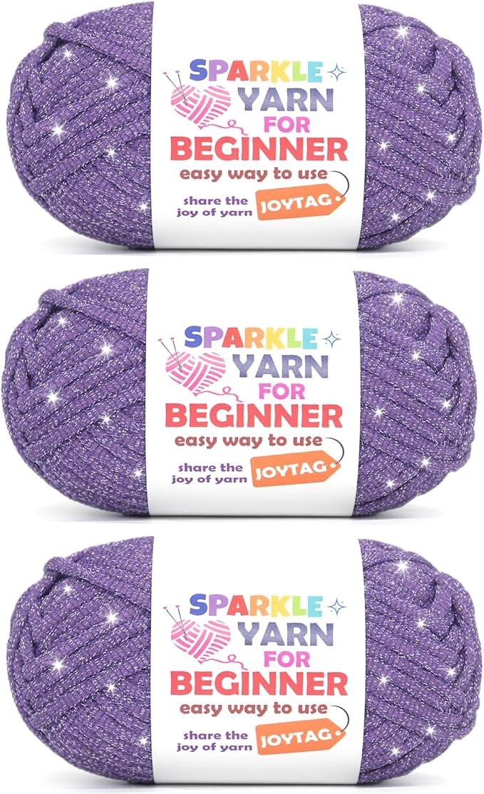 3 Pack Dark Purple Sparkle Yarn for Crocheting and Knitting,Dark Purple Metallic Glitter Crochet Knitting Yarn for Beginners with Easy-to-See Stitches Easy Yarn for Beginners Crochet Kit(3x50g)
