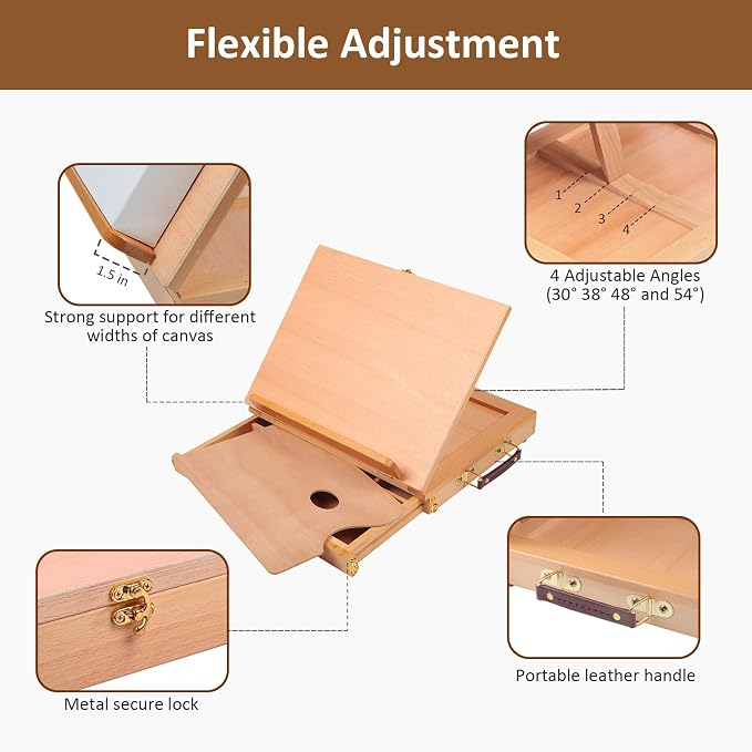 Adjustable Tabletop Sketchbox Easel with Storage Drawer & Palette | Portable Soild BeechWood Desk Easel for Beginner, Student, Artist, Hold Canvas up to 11" x 14"