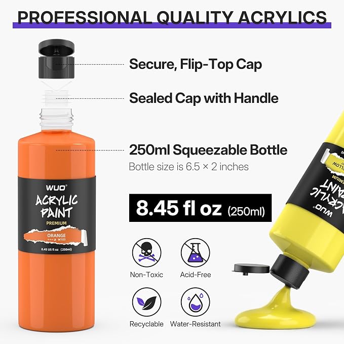 WUO 18 Colors Acrylic Paint Set, 250ml/8.45oz Professional Acrylic Paint | Large Bulk Rich Pigment Non-Toxic Multi-Surface Art Supplies for Artists Beginners Adults on Canvas Wood Rock Ceramic Crafts