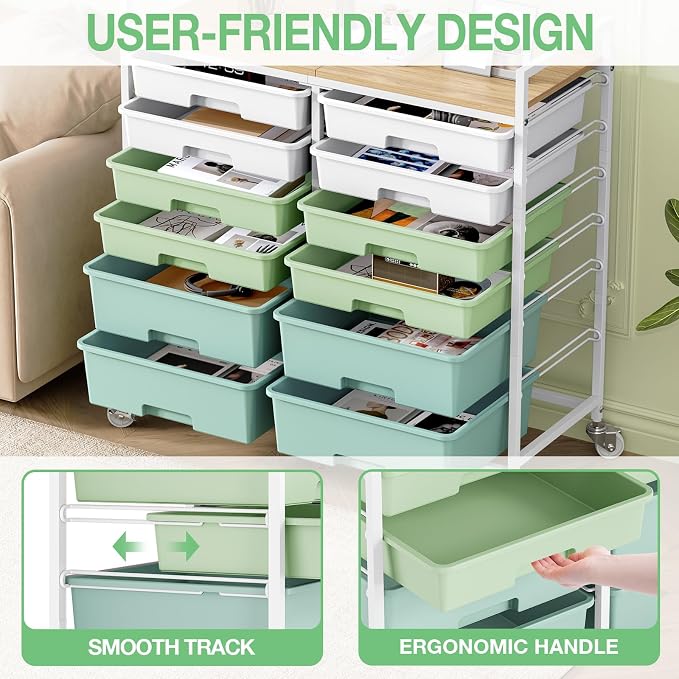 TOOLF 12 Drawers Rolling Storage Cart with Wooden Top for Classroom,Green | Teacher Cart Craft Art Supply Organizer, Utility Cart with Lockable Wheels for Home Household Essentials, Office Organization