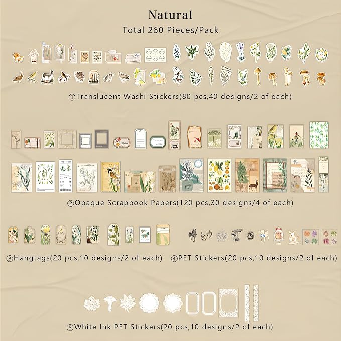 Teniinet 260 PCS Vintage Scrapbooking Supplies Kit for Beginners (Natural)