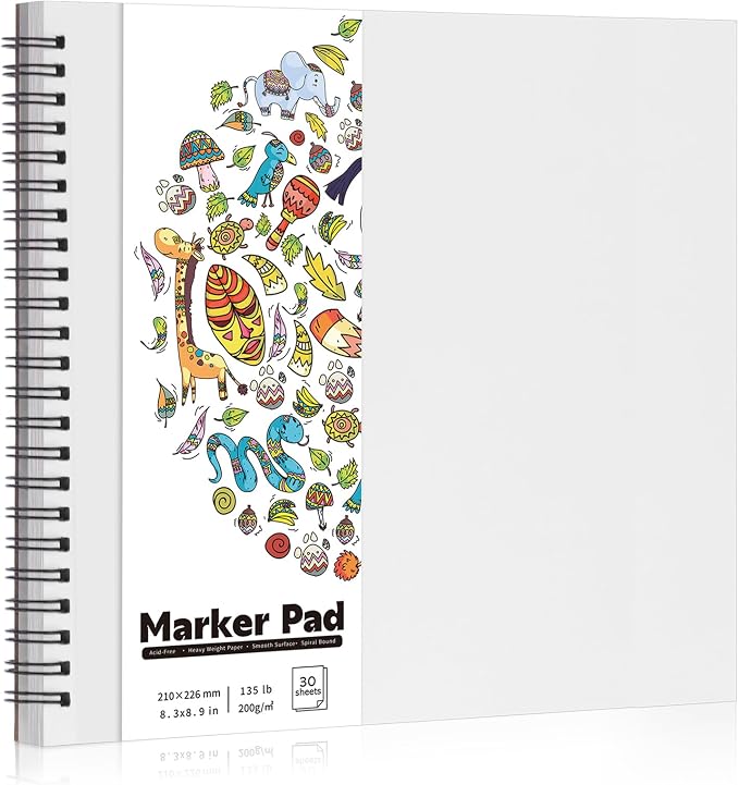 135lb/200gsm Marker Paper Pad, 8.3×8.9in Double Sided Bleedproof Sketch Pad, 30 Sheets Art Paper Spiral Sketchbook, Smooth Painting Coloring Alcohol Marker Paper for DIY, Gift