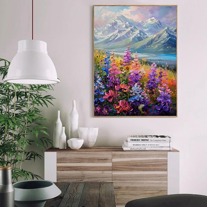 pchmcu Wild Flowers Paint by Numbers Kits for Adults - Mountain Flowers Paint by Number Adult,Landscape Canvas Paint by Numbers for Adults,DIY Oil Painting Kits for Gifts Home Decor 16x20in